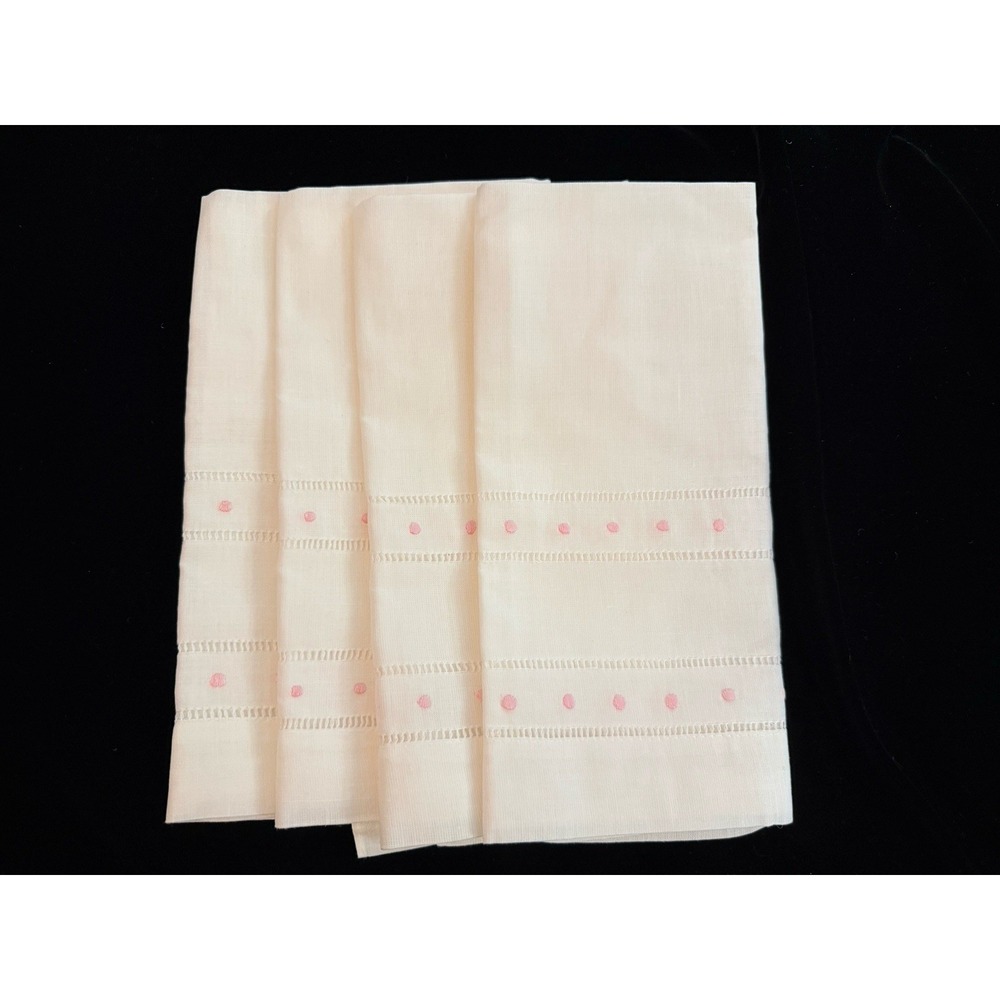 Lot of 4 NEW 100% Linen Towels 14x21" Each Pink‎ Dot Embroidered Guest Tea